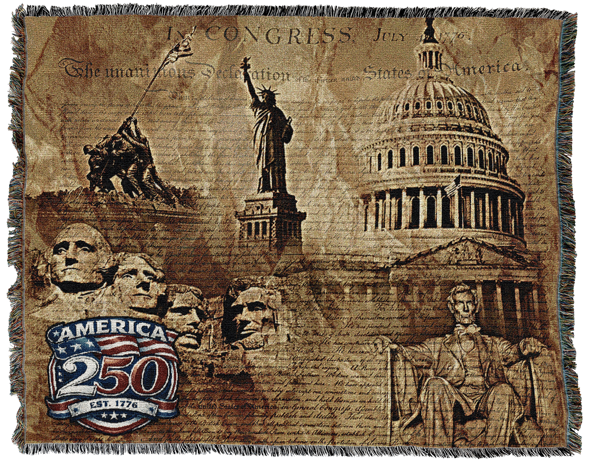 Collage blanket showing US landmarks: Capitol dome, Statue of Liberty, Mount Rushmore, and a 250th anniversary badge.