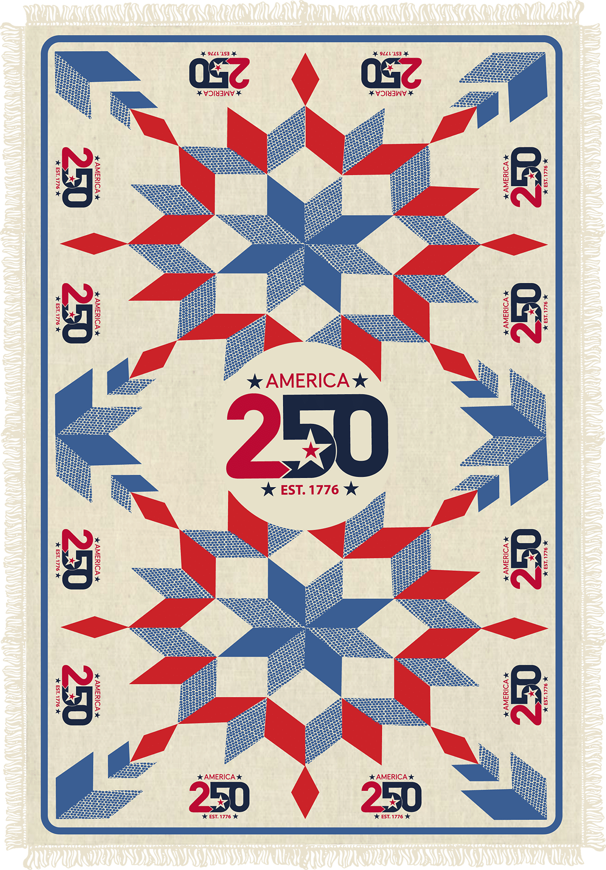 Patriotic geometric poster celebrating America's 250th anniversary with a blue-red starburst and central 'America 250 Est. 1776' text.