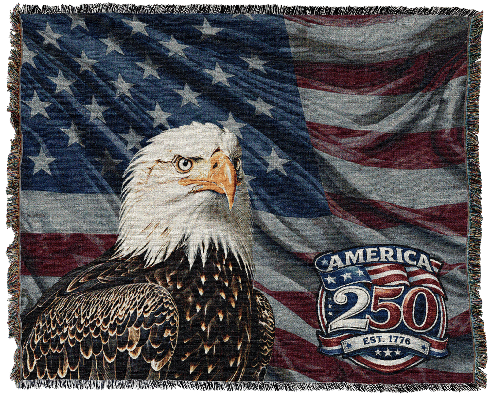 Decorative grey throw blanket showing Mount Rushmore with a sunset and pine trees, plus an American 250 emblem in the lower right.