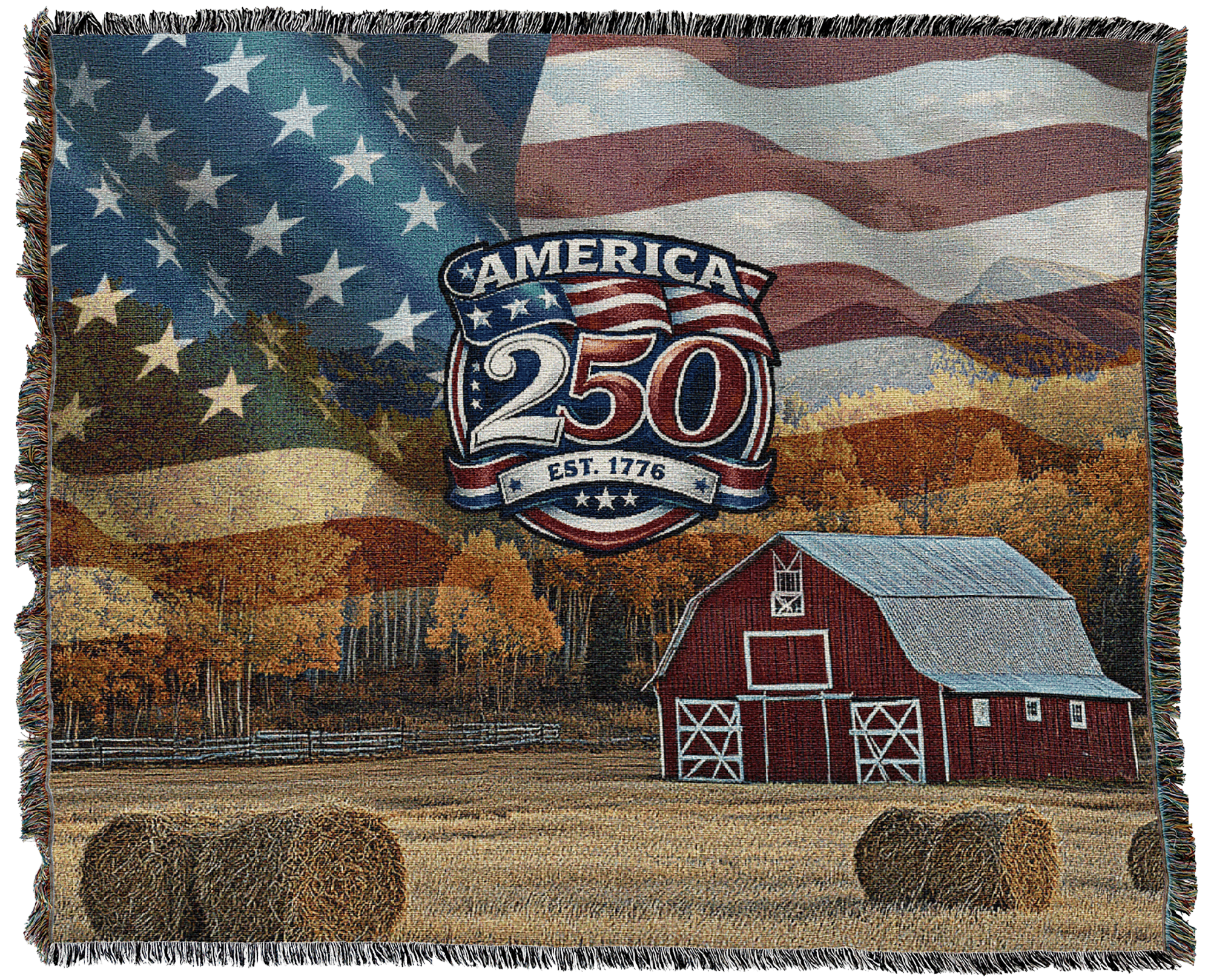 Decorative grey throw blanket showing Mount Rushmore with a sunset and pine trees, plus an American 250 emblem in the lower right.