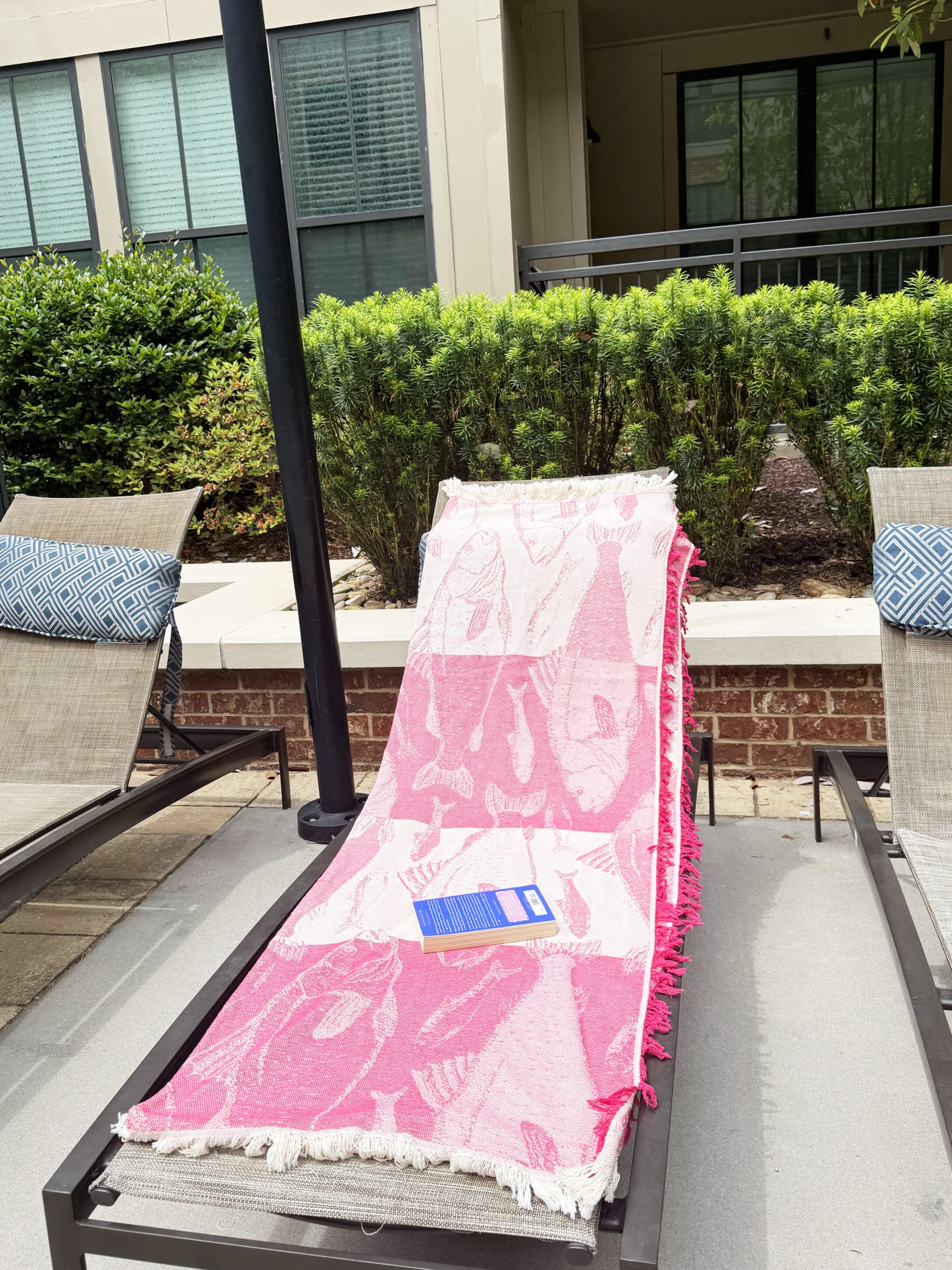 Three outdoor lounge chairs with a pink towel on the center chair, a blue book resting on it, and matching blue pillows, backed by shrubs and windows.