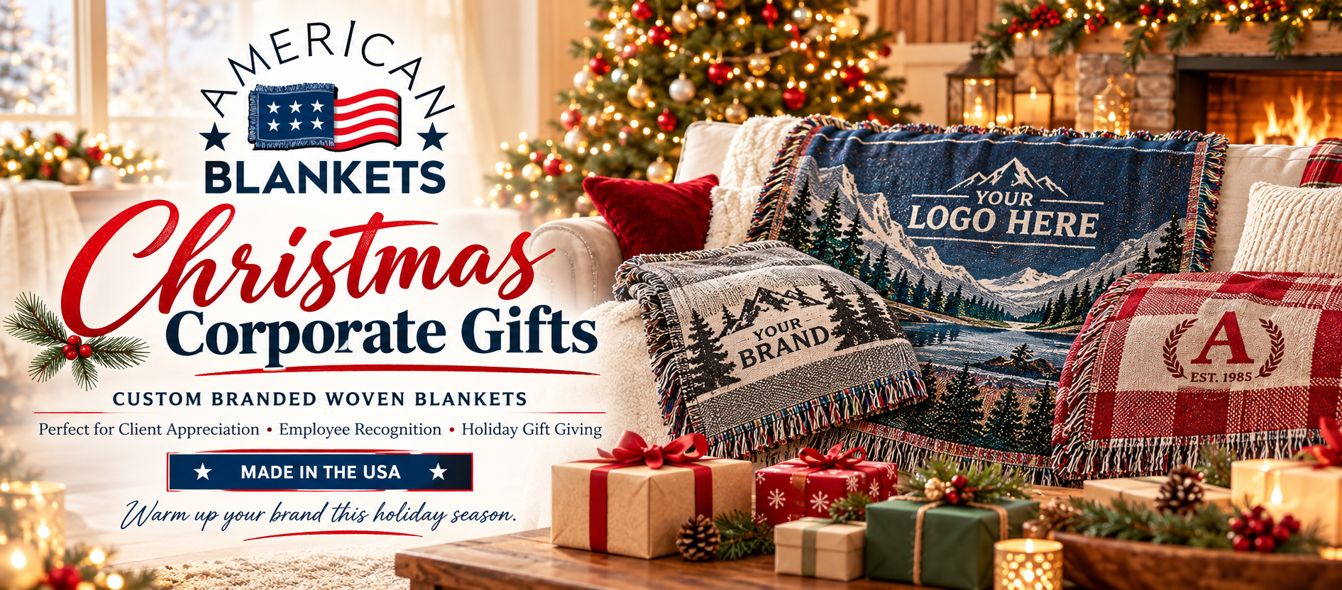 Promotional graphic for American Blankets featuring customizable woven throw blankets draped over a sofa in a holiday-themed living room.