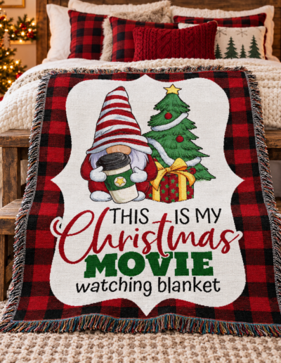 A woven throw blanket with a red and black plaid border, featuring a gnome holding a coffee cup next to a Christmas tree and the text, This is my Christmas movie watching blanket.
