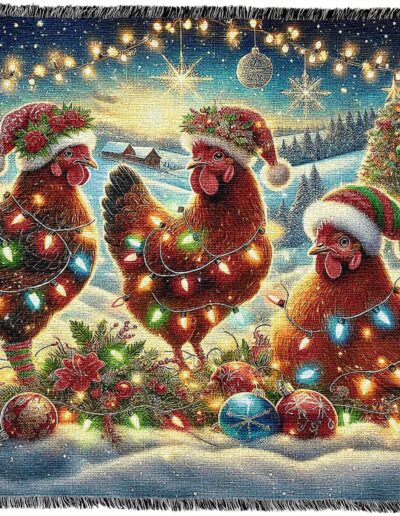 Woven throw blanket depicting three chickens wearing Santa hats and wrapped in colorful Christmas string lights in a snowy winter scene.