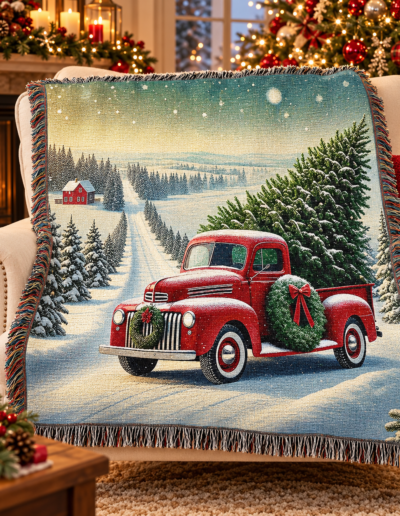 Woven throw blanket draped over an armchair, depicting a red vintage truck carrying a Christmas tree through a snowy landscape.