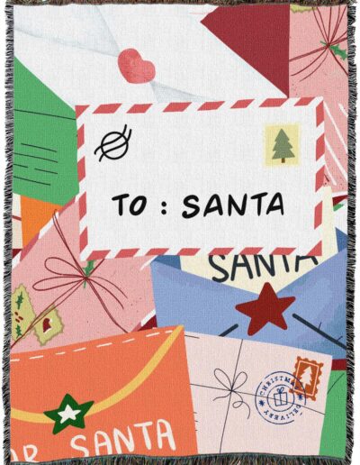 Woven throw blanket patterned with various envelopes addressed to Santa Claus.