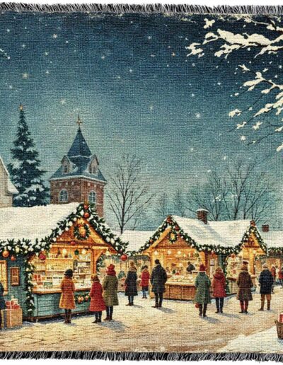 Woven throw blanket depicting a snowy Christmas market with people browsing small decorated wooden stalls under a starry night sky.