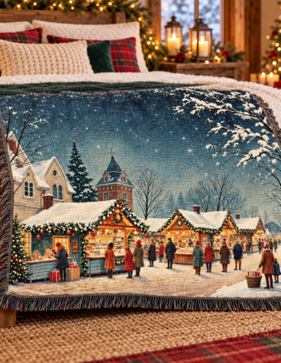 A woven throw blanket draped over a wooden bench, featuring a scene of a snowy Christmas market with small wooden stalls and people shopping at night.
