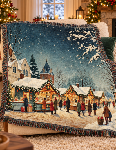 A fringed throw blanket draped over an armchair featuring a woven winter scene of people shopping at festive outdoor market stalls under a starry sky.