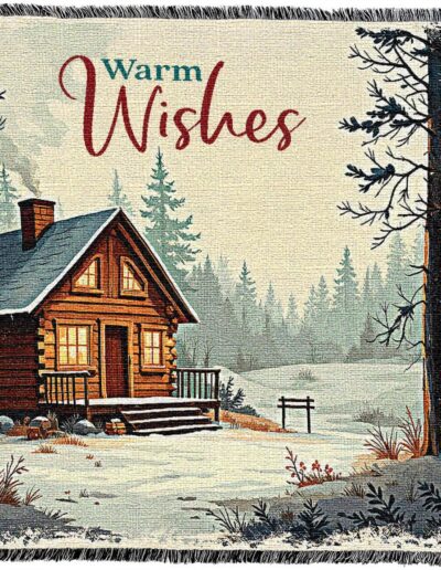 Woven throw blanket depicting a log cabin in a snowy, wooded landscape with the text Warm Wishes at the top.