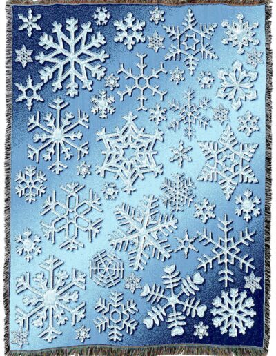 Woven blanket with a repeating pattern of white snowflakes on a blue gradient background.