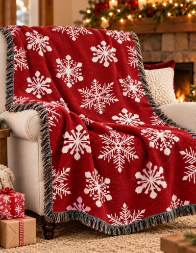 Red throw blanket with white snowflake patterns draped over a beige armchair in a room decorated for Christmas.