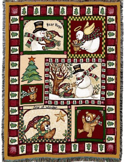 Woven throw blanket featuring a border of green pine trees and six vignettes of snowmen and teddy bears with winter accessories.